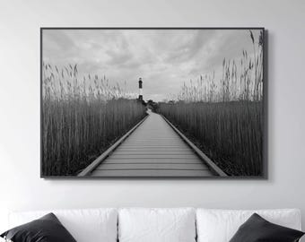 Fire Island Lighthouse Wall Art - Black and White Boardwalk Photography | Coastal Fine Art Print