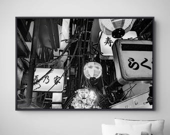 Black and White Tokyo Alley Art – Omoide Yokocho Lanterns, Signs (Canvas Print)