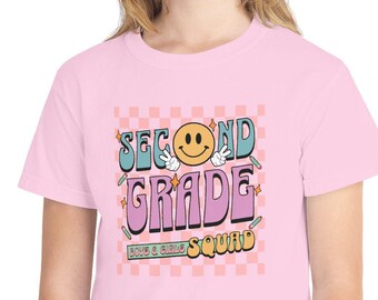 Smiley T-shirt voor groep 2 | Schoolshirt voor kinderen, retro pastel design, comfortabele kleuren