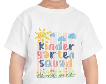 Kindergarten Squad toddler tee | Cute Rainbow Letters, Sun & Flowers, Bella Canvas Soft