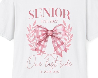 Senior Est. 2027 T-Shirt | Pink Gingham Bow Graduation Shirt