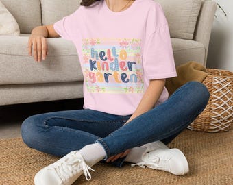 Hello Kindergarten T-Shirt | Pastel Stripes Floral Back-to-School Shirt