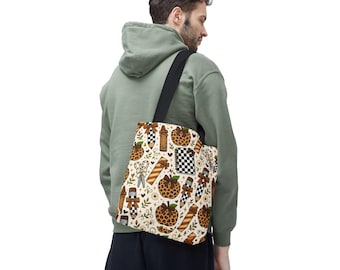 Draagtas met luipaardprint, pompoen- en dambordpatroon | Herfstbakthema en gezellige keukenprint
