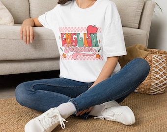 Retro Apple English Teacher T-Shirt | Checkered Typography Tee
