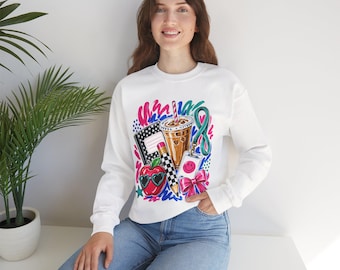 Retro Doodle Koffie Sweatshirt | Jaren 90 Collage Iconen, IJskoffie, Apple Grafisch