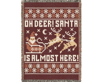 Santa Sleigh and Reindeer Woven Blanket | Holiday Fair Isle Throw