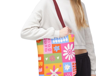 Retro bloemenpatchwork draagtas | Kleurrijke madeliefjesprint over de hele tas