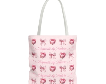 Coquette roze draagtas met hartjes- en strikpatroon | Elegante all-over print in sierlijk schrift