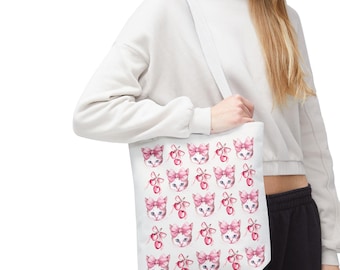 Coquette roze draagtas met aquarel kattenprint | Schattige kattengezichtjes met herhalend patroon
