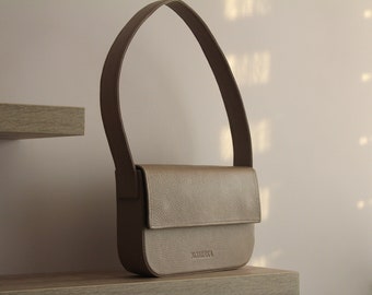 Small leather handbag, beige bag, women leather baguette bag, handmade leather bag, everyday bag, genuine leather bag