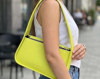 Zomer leren tas, asymmetrische esthetische portemonnee, minimalistische handtas, neongroene leren draagtas, designertas voor elke dag, baguettetas