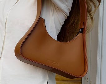 Brown Leather Baguette Purse, Minimalist Aesthetic Handbag, Genuine Leather Small Tote, Designer Shoulder Bag, Personalized Gift for Her