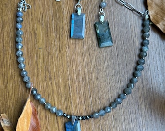 Handgefertigte Labradorit & Hämatit Halskette Ohrring Set | Boho Kristall Schmuck