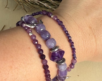 Amethyst Triple Strand Bracelet: Silver, Angel Wing Charms