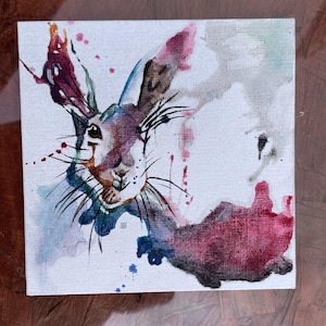Rabbit Watercolor Painting: Splashed Style Canvas Wall Art (13cm)