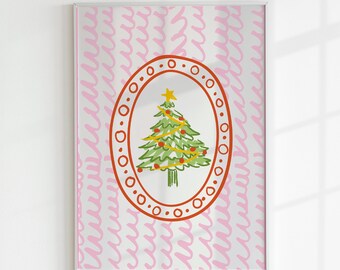 Puede incluir: Una impresión artística enmarcada con un diseño de árbol de Navidad. La imagen muestra un árbol de Navidad verde con adornos rojos, una guirnalda amarilla y una estrella, dentro de un marco ovalado. El fondo tiene un patrón ondulado rosa.