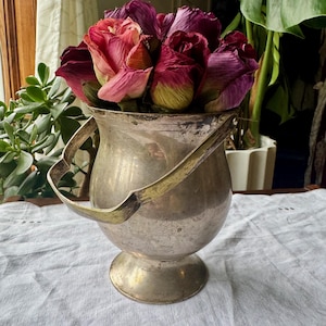 Vintage Silver Plated Brass Small Ice Bucket Planter,  Footed Pedestal Pot with Swinging Handle