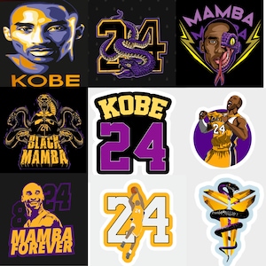 May include: A collage of nine images featuring Kobe Bryant, the Black Mamba, and his iconic number 24. The images include a portrait of Kobe, a snake with the number 24, a basketball player in action, and various other designs.