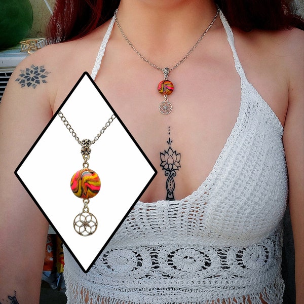 Lotus collection - Women's necklace with stainless chain, fimo pendant and silver lotus mandala - L4