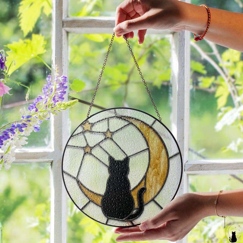 Moon & Black Cat Stained Glass Suncatcher – Modern Minimal Window Decor ...
