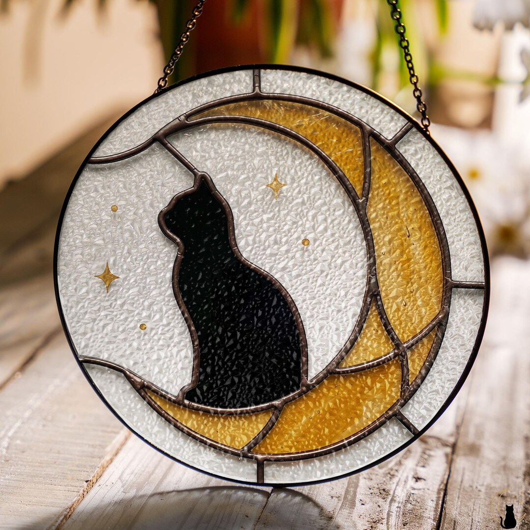 Stained Glass Round Suncatcher | Black Cat Moon - Etsy