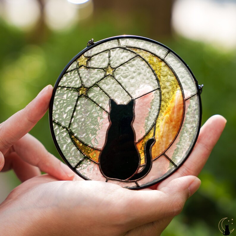 Moon & Black Cat Stained Glass Suncatcher – Modern Minimal Window Decor ...