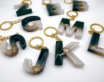 Handmade Resin Initial Keychain: Emerald Green and Gold Leaf