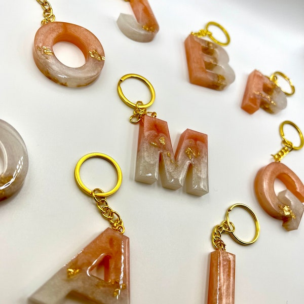 Handmade Resin Peachy Pink Letter Keyring | Personalised Alphabet Initial Keychain with Gold Leaf | Birthday/Mothers Day/Baby Shower Gift