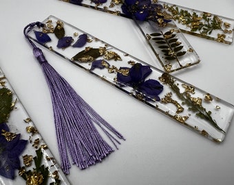 Handmade Resin Bookmark with Purple Pressed, Dried Flowers & Gold Leaf |  Gold, White or Purple Tassel | Booklover Gift | Mothers Day Gift