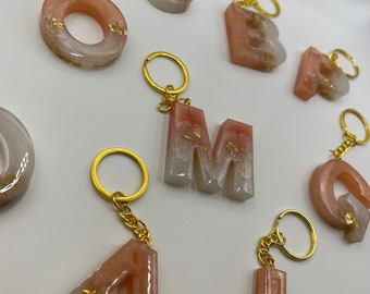 Handmade Resin Peachy Pink Letter Keyring | Personalised Alphabet Inital Keychain with Gold Leaf | Birthday/Christmas/Baby Shower Gift