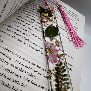 Handmade Resin Bookmark: Pressed Flowers & Gold Leaf with Tassel