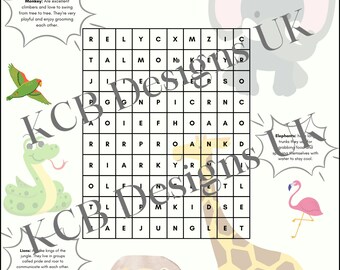 Kids Word search digital download fun activity sheet for kids animal printable worksheet educational worksheet