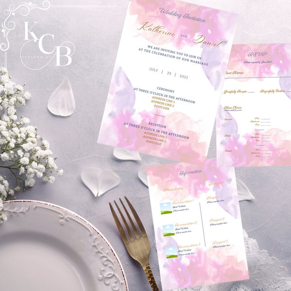 Pink Watercolour Wedding Invite Editable Wedding Invite Template Digital Download