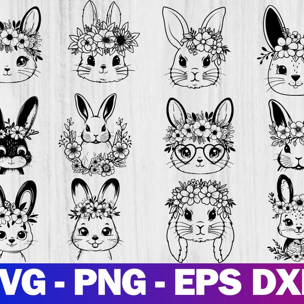 Bunny svg, Easter SVG, Bunny Face svg, Easter Bunny svg, Bunny with Flower svg, Spring svg, Bunny with Bandana svg, Svg files for Cricut