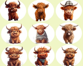 Baby Highland Cow Clipart, Cute Cow, Scottish Cow, Wall Art, Digital Papercraft, Commercial Use, Sublimation PNG, Nursery Decor