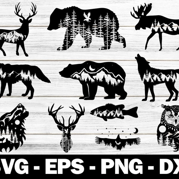 Mountain Animals Bundle SVG, Wilderness svg, Outdoors svg, Bear svg, Moose svg, Wolf svg, Owl svg, Deer svg, Cut Files, Cricut, Png, Svg