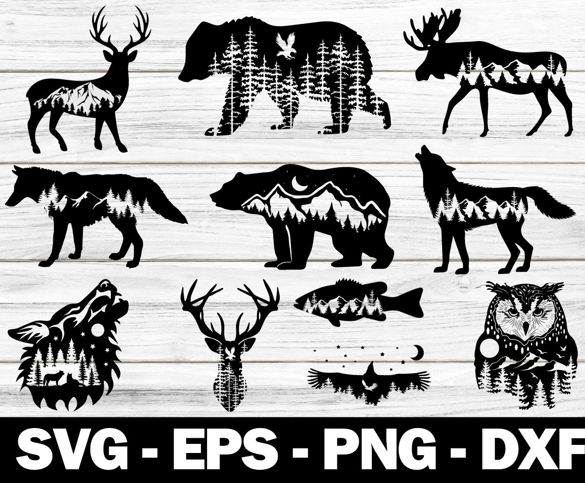 Mountain Animals Bundle SVG, Wilderness svg, Outdoors svg, Bear svg, Moose svg, Wolf svg, Owl svg, D