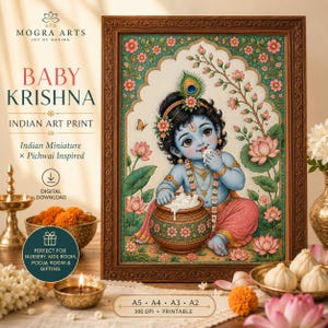 May include: A framed art print featuring a blue-skinned child with a peacock feather in their hair, eating from a decorated pot surrounded by pink lotus flowers. The text reads MOGRA ARTS, BABY KRISHNA, INDIAN ART PRINT, and A5 A4 A3 A2.