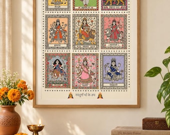 May include: A framed rectangular wall art print featuring nine distinct illustrations of Hindu goddesses arranged in a grid. Each panel depicts a deity with traditional attributes and Hindi text. The bottom center includes the text Navdurga Maa Ke Roop.