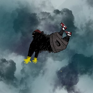 May include: A person wearing a black hooded sweatshirt and grey pants with a Nike logo is falling through the clouds. The person is wearing red and white sneakers.