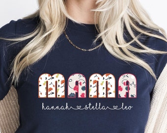 Maglietta multi-floreale per mamma, nomi personalizzati, regalo per la festa della mamma