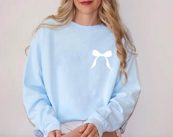 Bow Coquette Sweatshirt, White Bow Ribbon Shirt, Aesthetic Trendy Hoodies, Cute Coquette Style Sweater, Womens Minimalist Bow Side Crewneck