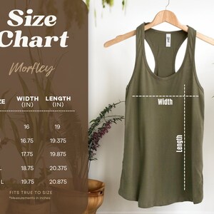 May include: Size chart for a green tank top with measurements in inches for width and length. The chart shows sizes S, M, L, XL, and 2XL with corresponding measurements.