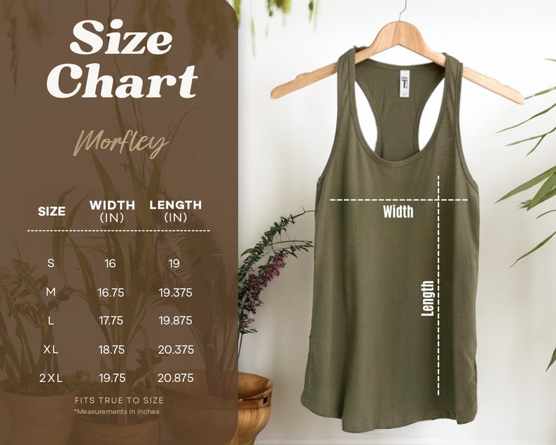 May include: Size chart for a green tank top with measurements in inches for width and length. The chart shows sizes S, M, L, XL, and 2XL with corresponding measurements.