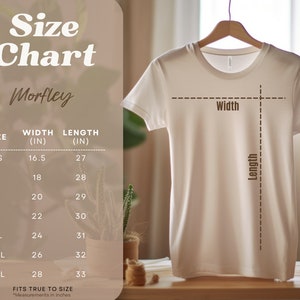 May include: Size chart for a white t-shirt with measurements in inches. The chart shows the width and length of the shirt in inches for sizes XS to 3XL. The text "Fits true to size" is at the bottom of the chart.
