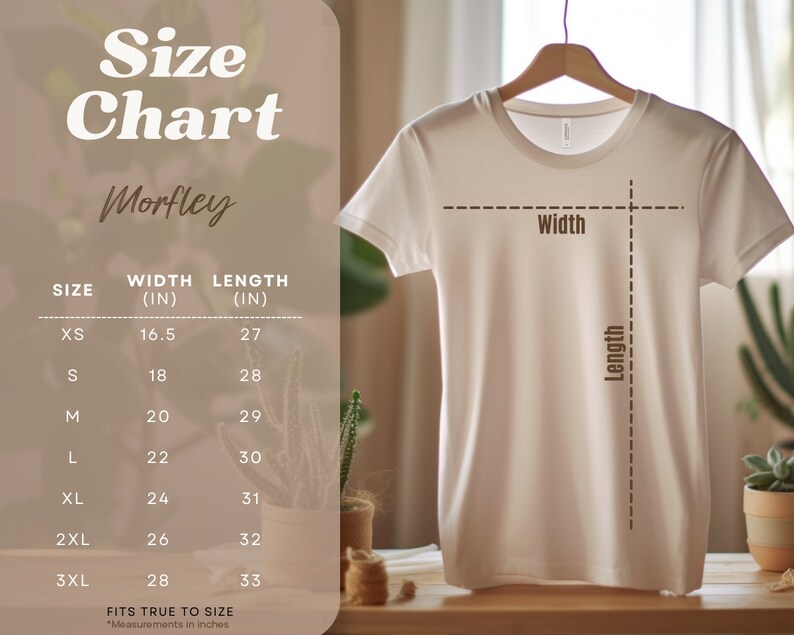May include: Size chart for a white t-shirt with measurements in inches. The chart shows the width and length of the shirt in inches for sizes XS to 3XL. The text "Fits true to size" is at the bottom of the chart.