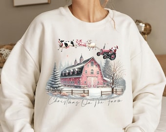 Farmhouse Christmas Sweatshirt: Pink Santa Tractor, Animals Holiday Tee
