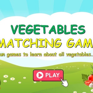 Könnte beinhalten: Eine bunte Illustration eines Gemüse-Matching-Spiels. Das Bild zeigt einen Korb mit Gemüse, einen Spielknopf und eine Vielzahl von Gemüse auf einem grünen Grasfeld. Der Text "VEGETABLES MATCHING GAME" ist in großen, fetten Buchstaben dargestellt. Der Text "Fun games to learn about all vegetables." ist unter dem Titel dargestellt.