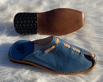 Moroccan Blue Babouches: Comfortable and Easy-to-Slip-on Slippers in Organic Leather and Sheepskin, for Men. Interior andExterior.