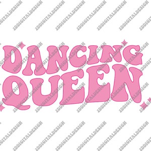 Könnte beinhalten: Rosaer Text im Retro-Stil, der "Dancing Queen" lautet, mit zwei kleinen rosa Sternen auf jeder Seite.